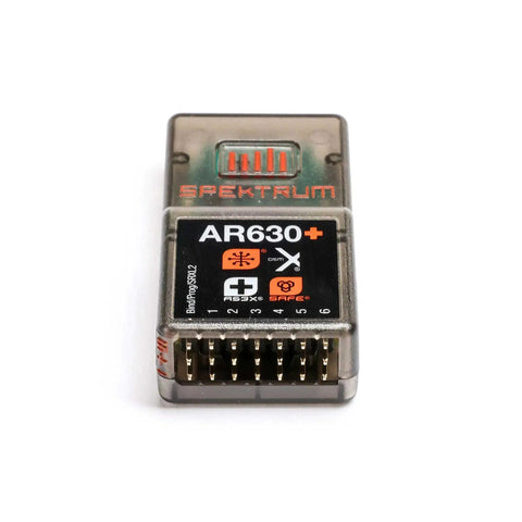 Six Channel AS3X Plus And SAFE Receiver With No Antenna Needed For Easy Install, front view close-up of AR630+ model