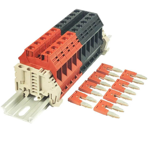 10 Gang DIN Rail Terminal Block Assembly Kit With Jumpers Red And Black For Solar And Power Distribution Pro Grade Installer Friendly UL 600V Rating UL 60A Rating 6 20 AWG Made In USA