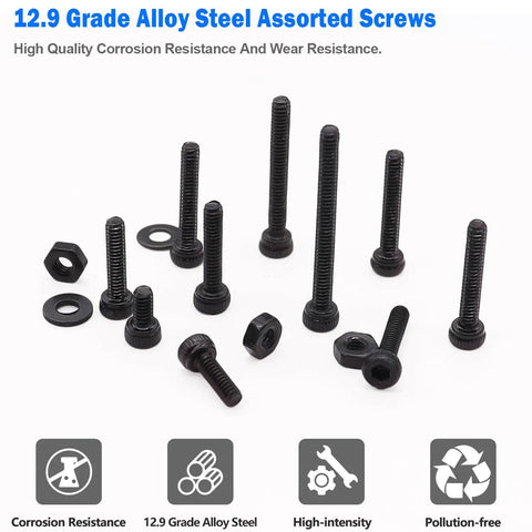 All In One M3 Screws Assortment Kit For 3D Printers Featuring 620Pcs Hex Socket Head Cap Bolts, nuts, washers on display