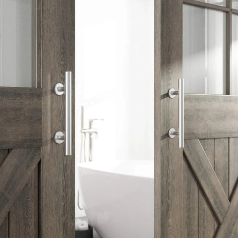 Two Pack 12 Inch Sliding Barn Door Handle Set, Heavy Duty Stainless Steel Flush Pull Hardware installed on barn doors