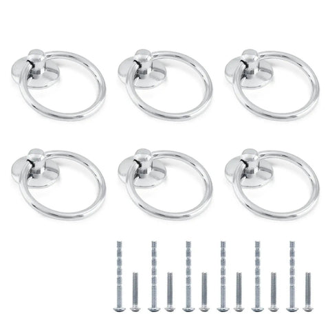 Six Pack Modern Style Ring Pull Handles In Chrome Finish Made From Zinc Alloy With Durable Rust Resistant Coating, includes screws