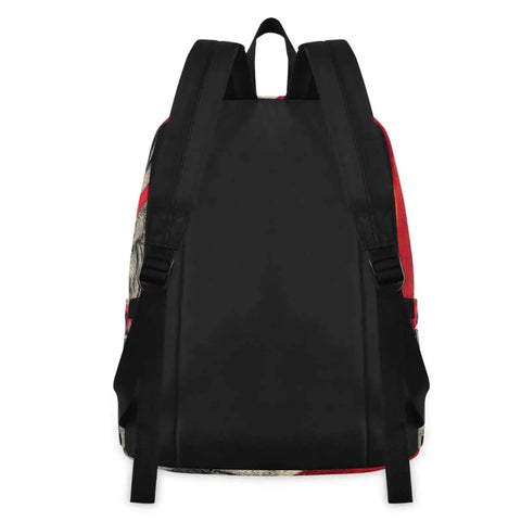 Back view of Lion Sunglass Backpack With Insulated Cooler Lunch Box, black straps, red accents, lightweight nylon material.