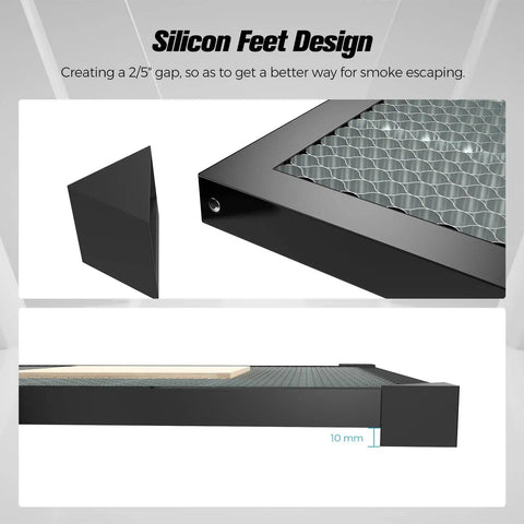 Close-up of Premium Honeycomb Laser Bed Platform With Aluminum Panel showing silicon feet design and smoke escape gap.
