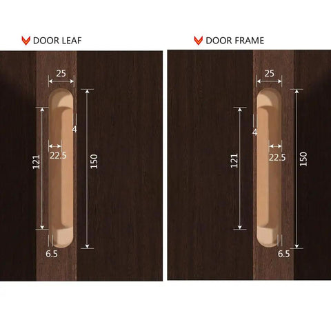 Image showing installation measurements for Hidden Door Hinges 6 Inch Heavy Duty Concealed Zinc Alloy 180 Degree Swing, door cutouts.