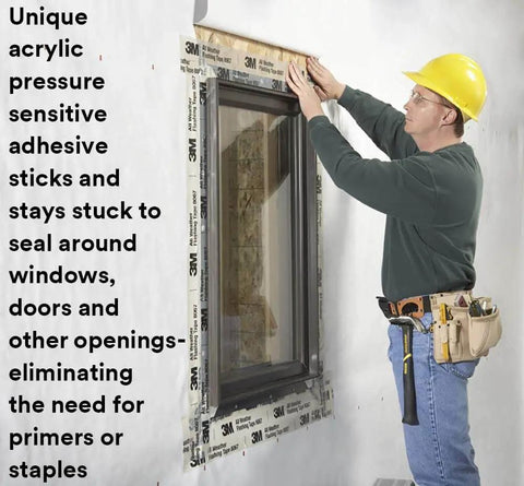Worker installing All-Weather Adhesive Flashing Tape 8067, 3 in x 75 ft, on window frame for waterproof seal in wood construction.