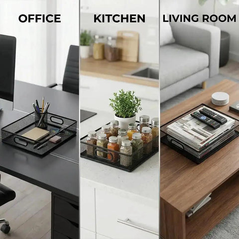 Beefy Heavy Duty Metal Mesh Desk Organizer Tray For A4 Files And Office Storage Large Capacity Box Set in various home settings.