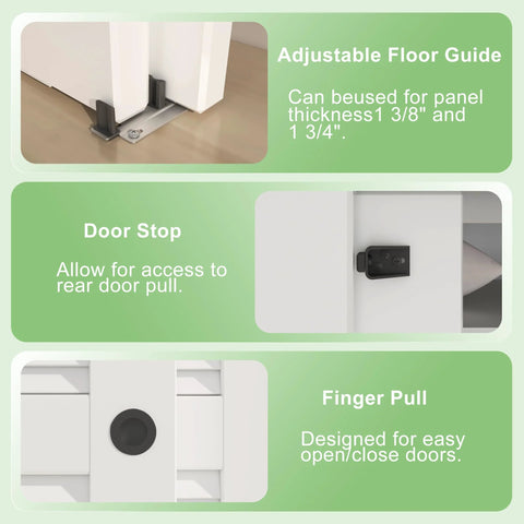 Aluminum Bypass Sliding Door Hardware Kit For Double Closet Doors, Heavy Duty Black With Finger Pull, details of adjustable floor guide, door stop, and finger pull features.