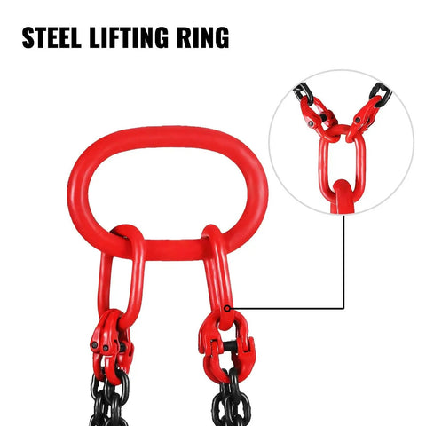 Front view of red steel lifting ring with four-leg chain sling and hooks.