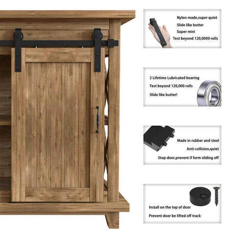 Super Mini Sliding Barn Door Hardware Kit For Double Doors Cabinets And TV Stands With J Shape Hangers In Frosted Black Carbon Steel Fits 18 Inch Door Panels From Four Fifths Inch To One And One Eighth Inch Thick Supports Up To 100 Lbs Per Door WINSOON shown installed on a wooden cabinet.