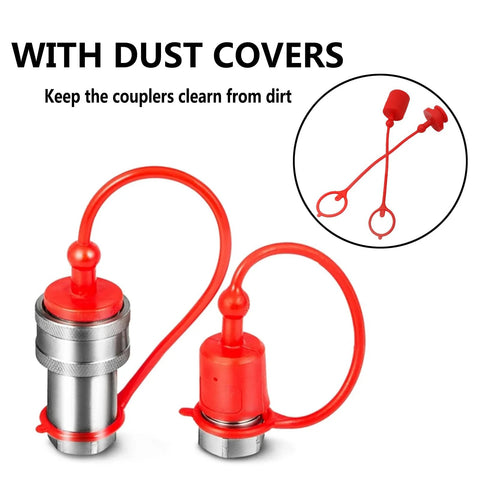 Hydraulic quick-connect couplers with red dust covers; metal bodies, 1/4 NPT, 2-pack