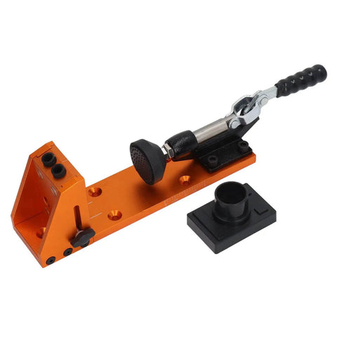 Pro Grade 15 Degree Pocket Hole Jig Kit With Aluminum Alloy Construction in bright orange, shown with clamp and adjustable components.