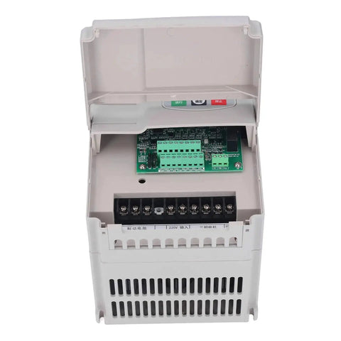 Top view of Single Phase 220V Input To 3 Phase 380V Output VFD Inverter showcasing open panel and electronic components.