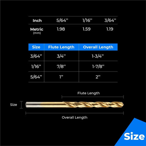 Titanium Coated Drill Bit Set 60 Piece With Portable Case, showing bit sizes and dimensions including flute and overall lengths.