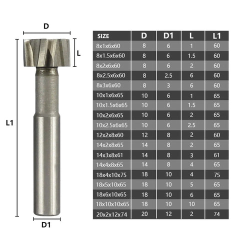Heavy Duty T Slot Milling Cutter HSS End Mill For Woodruff Key Seats And CNC Milling, size chart, free cutting design