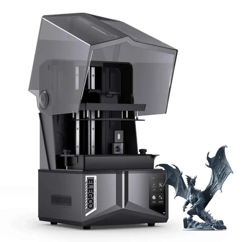 Saturn 4 Ultra 16K Resin 3D Printer With 10 Inch Mono LCD, shown with flip-up lid and detailed dragon model.