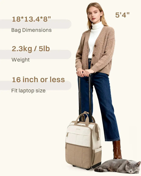 Woman with Rolling Puffer Backpack With Wheels For Women, Water Resistant Wheeled Laptop Bag For Work, Travel And College, Beige, Black.