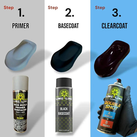 Three-step process showing primer, black basecoat, and 2K Clearcoat Spray For Automotive Finish With Dual Chamber Activation