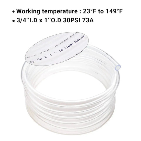 Clear 50 ft coil of see-through vinyl tubing, 3/4 inch ID, 1 inch OD, labeled details, flexible PVC hose for multipurpose use