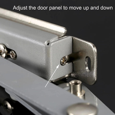 Close-up of Kitchen Cabinet Door Flap Up Support Furniture Hinge, showing screw adjustment for door panel movement