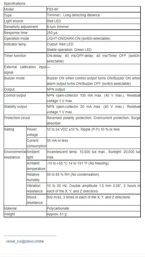 Specifications table for Keyence FS2-60 Fiber Optic Amplifier Sensor Pro-Grade Long-Distance Detection, Red LED, 8-Turn Sensitivity Trim