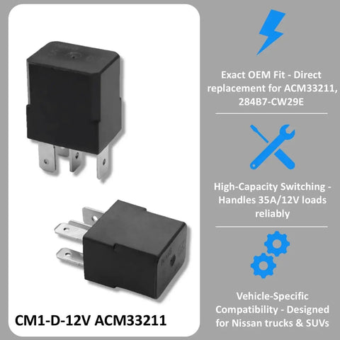 Drop In Nissan Compatible 12V DC Power Relay, 4 Pin, Beefy 35A Automotive Relay For General Purpose Switching, black relay design