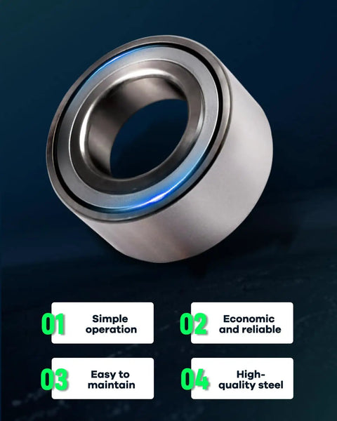 Close-up of a high-quality steel wheel hub and bearing assembly, showcasing features of easy maintenance and simple operation.