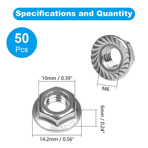 Stainless Steel 304 Serrated Flange Hex Nuts Kit M6 X 1mm Full Thread 50 Pcs with dimensions and serrated flange detail