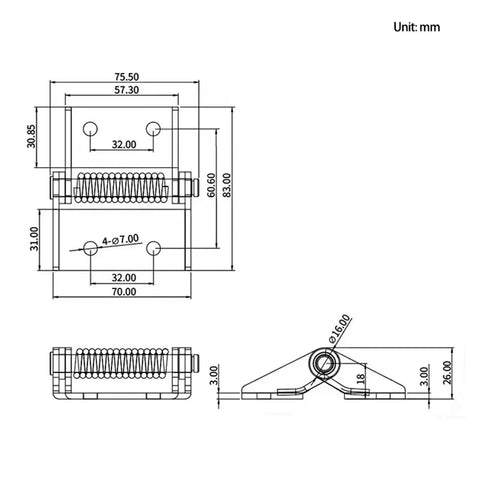 Technical drawing of Industrial High Capacity Tension And Large Self Closing Spring Hinges with Heavy Duty Load Bearing Capability.