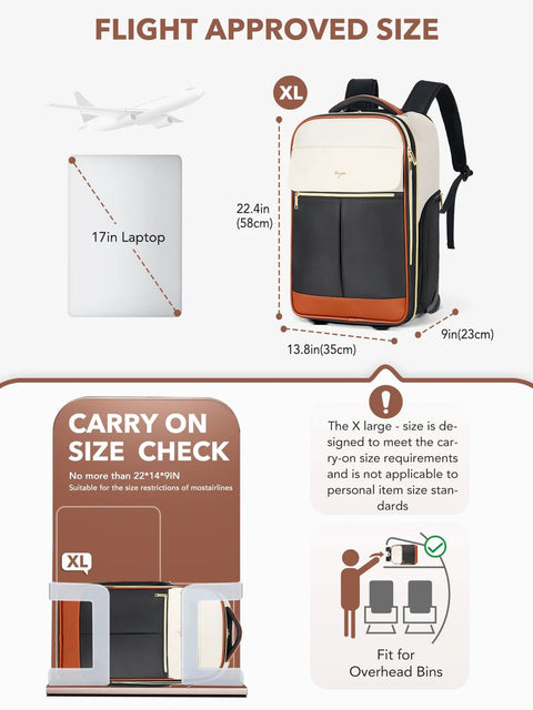 Two In One Rolling Backpack And Suitcase For Women Carry On Luggage 22 Inch Flight Approved XL beige with size diagram