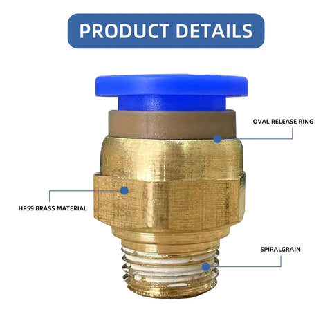 Brass push-to-connect pneumatic fitting with blue actuator and oval release ring; male threaded end
