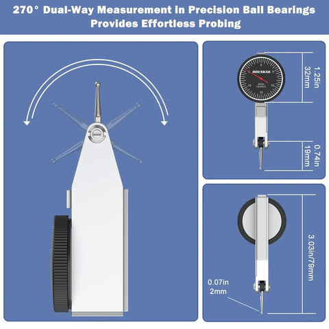 Dial Test Indicator With Magnetic Base Stand Built For Pros shown from front and side views, displaying measurement range and features