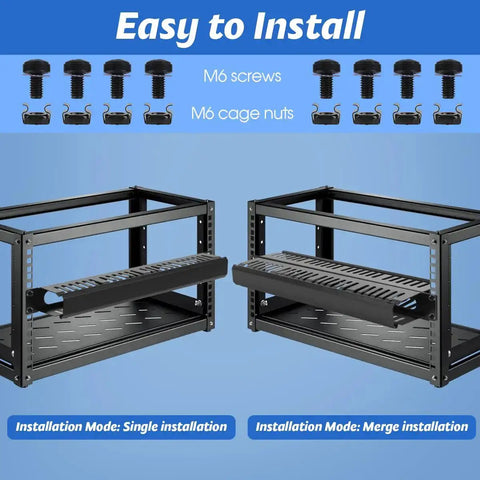 Four Pack 19 Inch 1U Server Rack Cable Management Kit with 24 Slot Horizontal Cable Raceway Gear, M6 screws and cage nuts shown