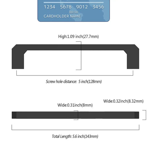 Diagram showing dimensions of 10 Pack 5 Inch Matte Black Cabinet Pulls Zinc Alloy Kitchen Cabinet Handles 128mm center to center