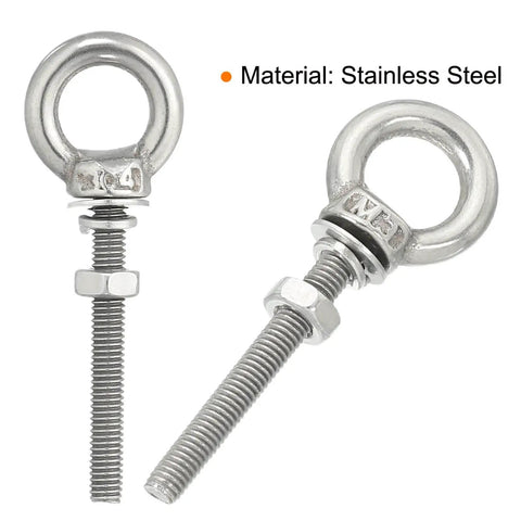 Heavy Duty Stainless Steel Eyebolts Set M3 x 30mm Threaded Eyebolts With 7.5mm Ring Diameter, nuts and washers shown