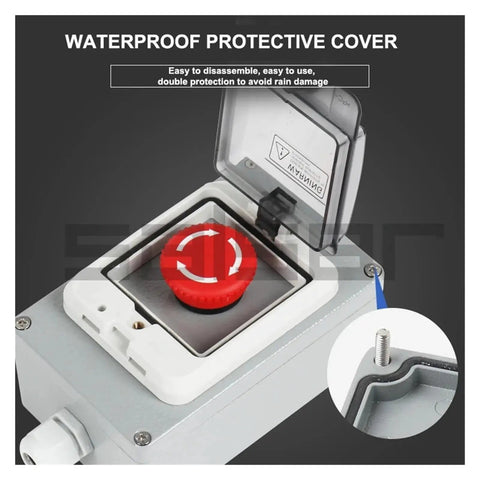 Industrial 1P Push Button Control Box Explosion Proof Waterproof Junction, shown with protective cover and emergency stop feature.