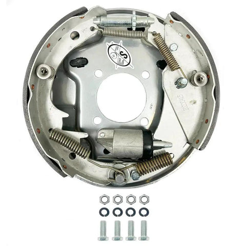 Front view of 10-inch hydraulic free-backing trailer brake assembly with steel backing plate and springs