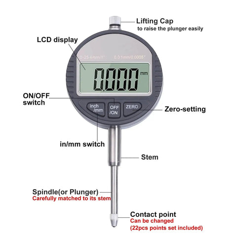 Electronic Digital Dial Indicator With Magnetic Base Holder 0-1 Inch Range, 0-25.4 Mm, 0.01 Mm And 0.0005 Inch Resolution, front view