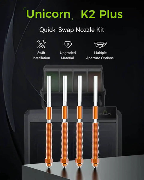 K2 Plus Four Pack Nozzle Kit with 0.4mm 0.6mm and 0.8mm nozzles all metal quick swap hotend set in copper alloy and hardened steel