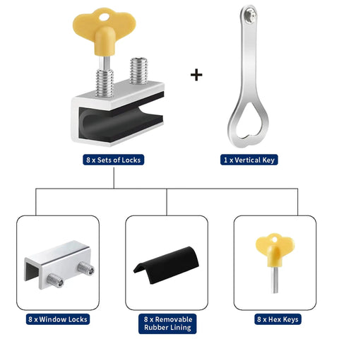 8 Sets Sliding Window Locks With Aluminum Security Door Window Stoppers for horizontal and vertical windows and doors.