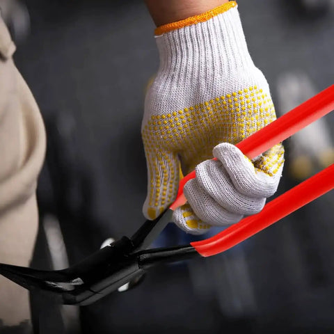Person using Sheet Metal Bender Pliers 10.23 Inch Folding Edge Hand Seamers with Built In Lock for metalworking projects.