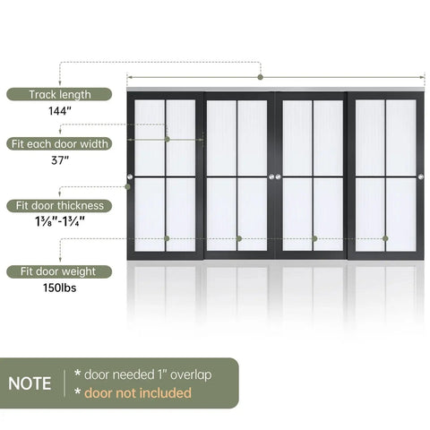 Bypass Double Sliding Pocket Door Hardware Kit 12Ft For 4 Door System Aluminum Track dimensions diagram.