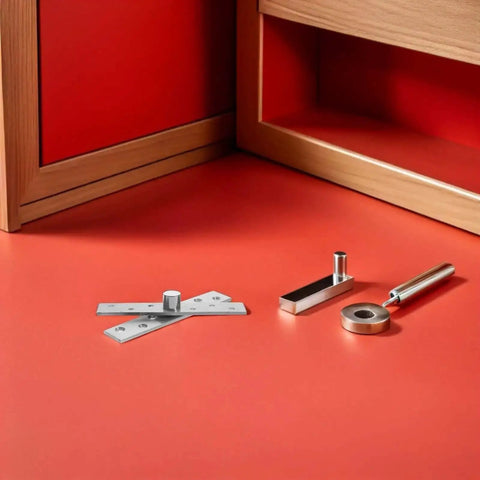 Hidden Door Pivot Hinges 6 Pack Premium Stainless Steel 360 Degree Rotation Heavy Duty Concealed Hardware on red surface
