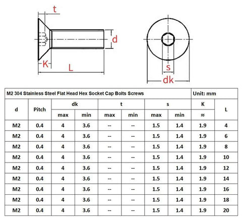 Technical diagram of 360 Pcs Metric M2 304 Stainless Steel Flat Head Hex Socket Cap Bolts with size chart.