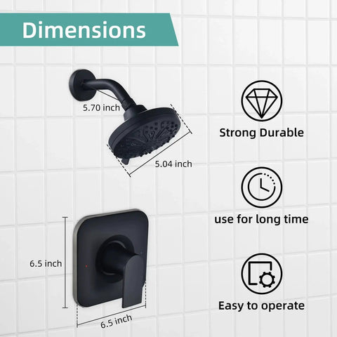 Posi Temp Compatible Shower Trim Kit With 7 Mode High Pressure Shower Head Matte Black Finish For Moen Posi-Temp Valves Replacement Kit Valve And Tub Spout Not Included Easy Install shown with dimensions against tiled wall