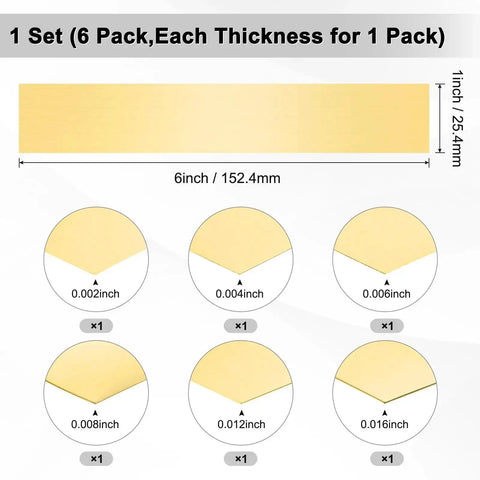Brass Shim Strip Set 6 Inch Length 1 Inch Wide Handy DIY Brass Sheet Stock With Assorted Thickness 0.002 to 0.016 Inches shown.