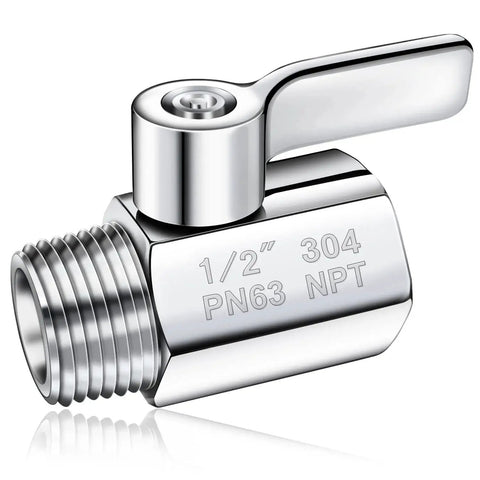 Front view of 304 Stainless Steel Mini Ball Valve For Shower Head Shut Off With Half Inch Female To Male NPT Threads
