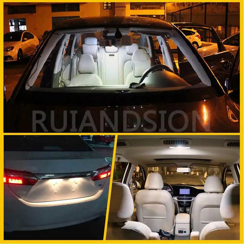 Car interior and rear license plate illuminated by 4 Pack 6V Warm White BA9S LED Bulbs, Ideal For Pinball Machines And Classic Car Interior Lights, 200 Lumens, Fits BA9S And 53,57,182,1891 Sockets, Also Great For License Plate And Side Door Lighting