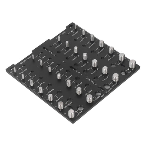 Aluminum Alloy Thread Checker Bolt Nut Identifier Board With 28 Holes For Metric And SAE Threads viewed from the top showing threaded holes.