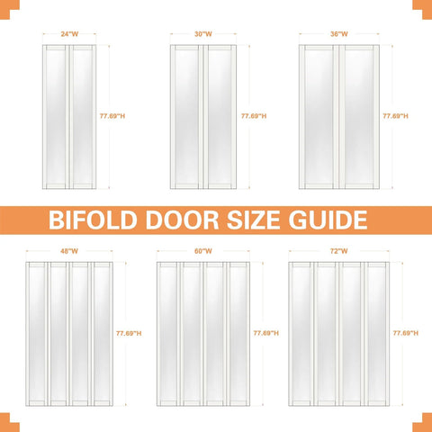 Bifold door size guide showing various dimensions including 36x80 for 36x80 3 Lite Frosted Glass Bifold Closet Door Set With Hardware Kit.