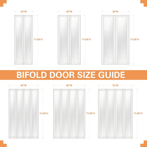 Bifold door size guide showing various dimensions of white mirrored bifold closet doors, including 24", 30", 36", 48", 60", 72" widths.